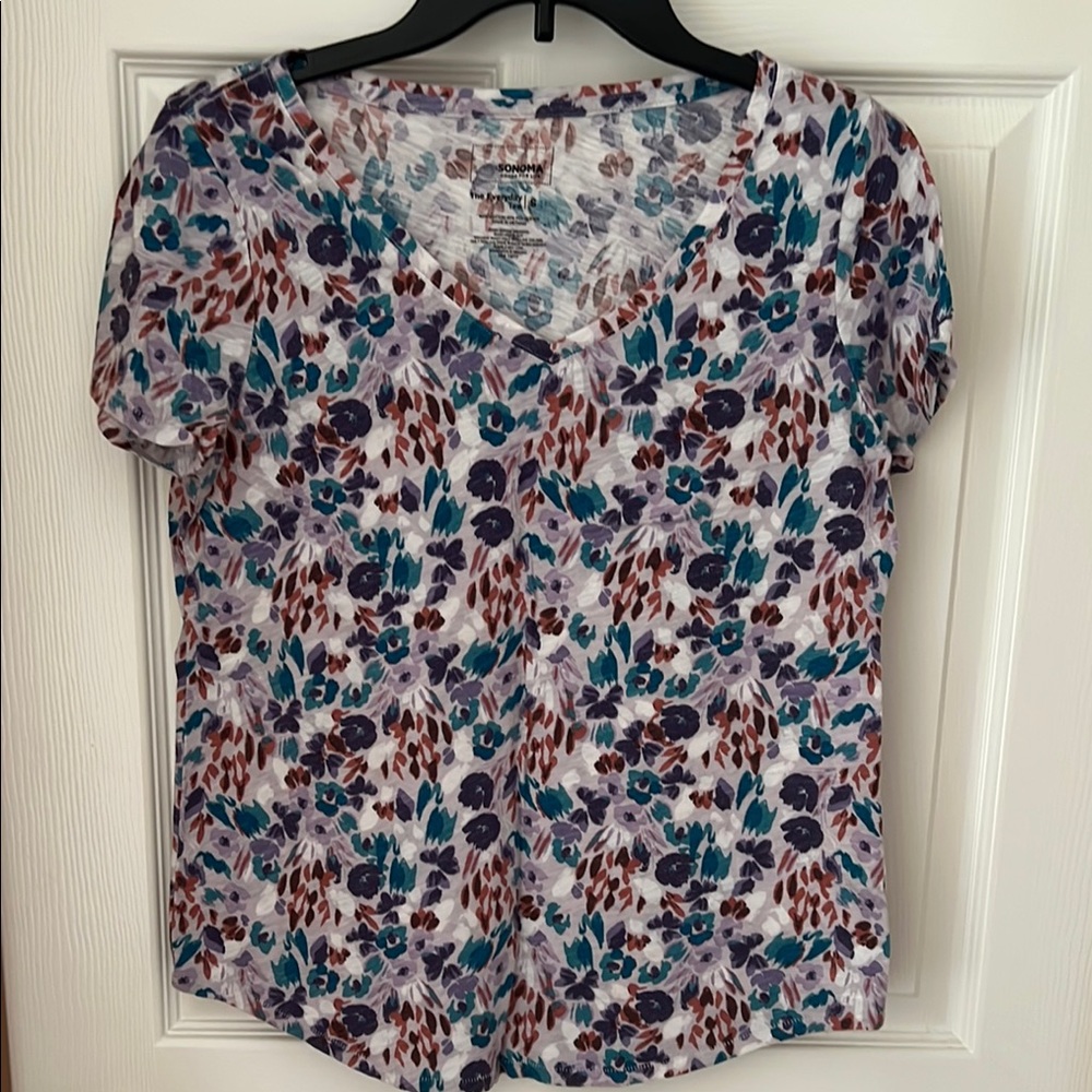 Sonoma Blue and Pink Puff Sleeve Fitted Blouse
